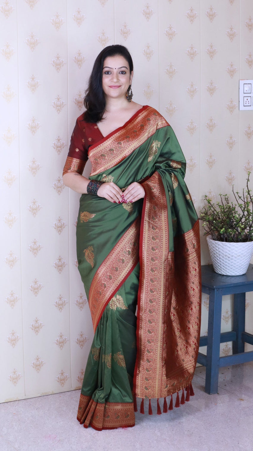 Mehendi green soft silk banarasi peacock zari woven saree