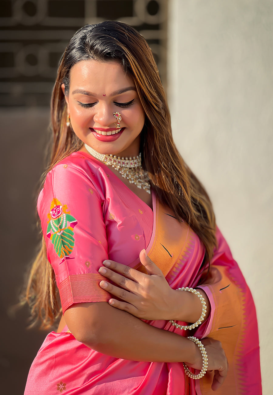Baby pink zari woven vitthala god special traditional paithani silk saree