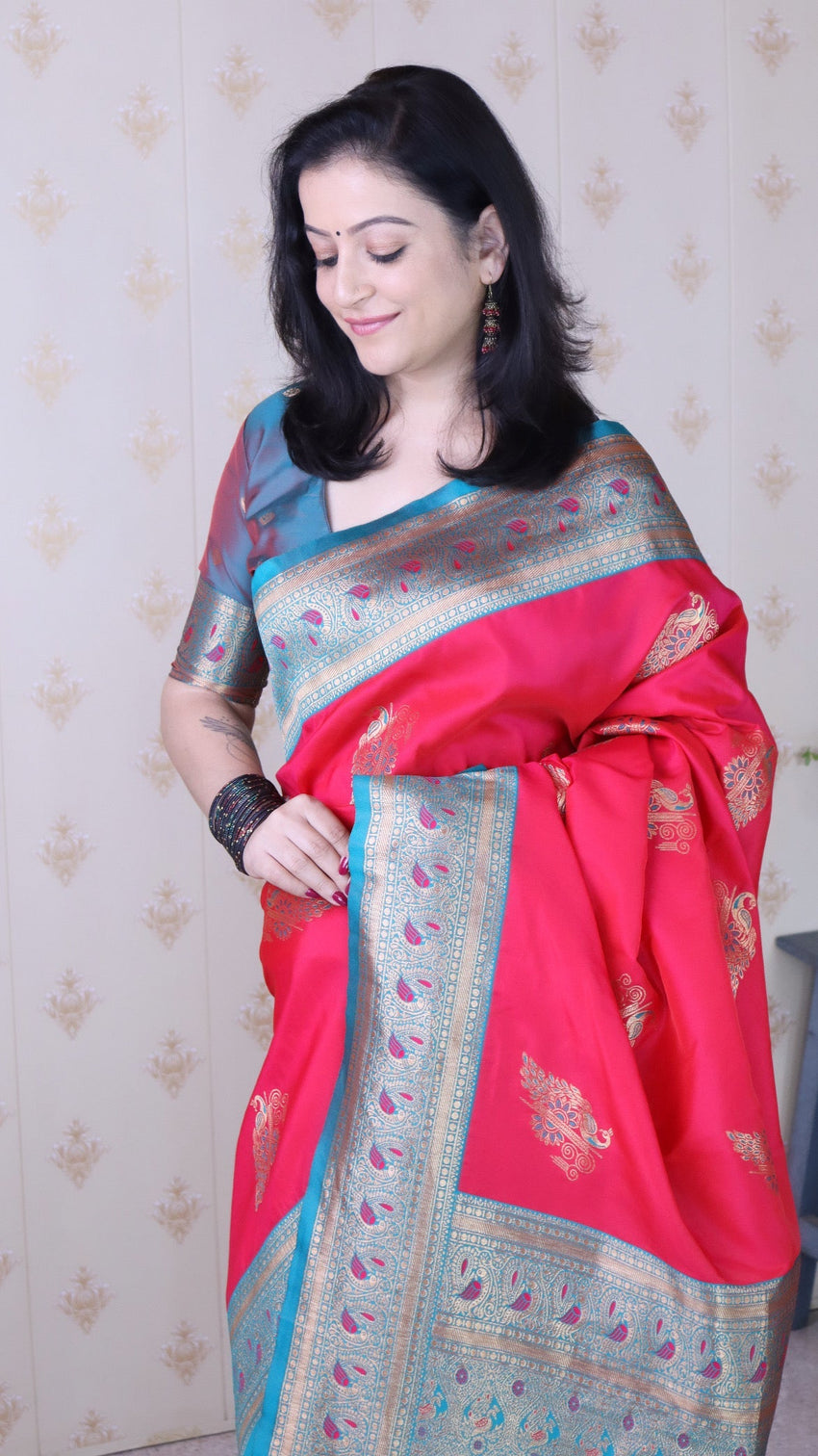 Pink soft silk banarasi peacock zari woven saree