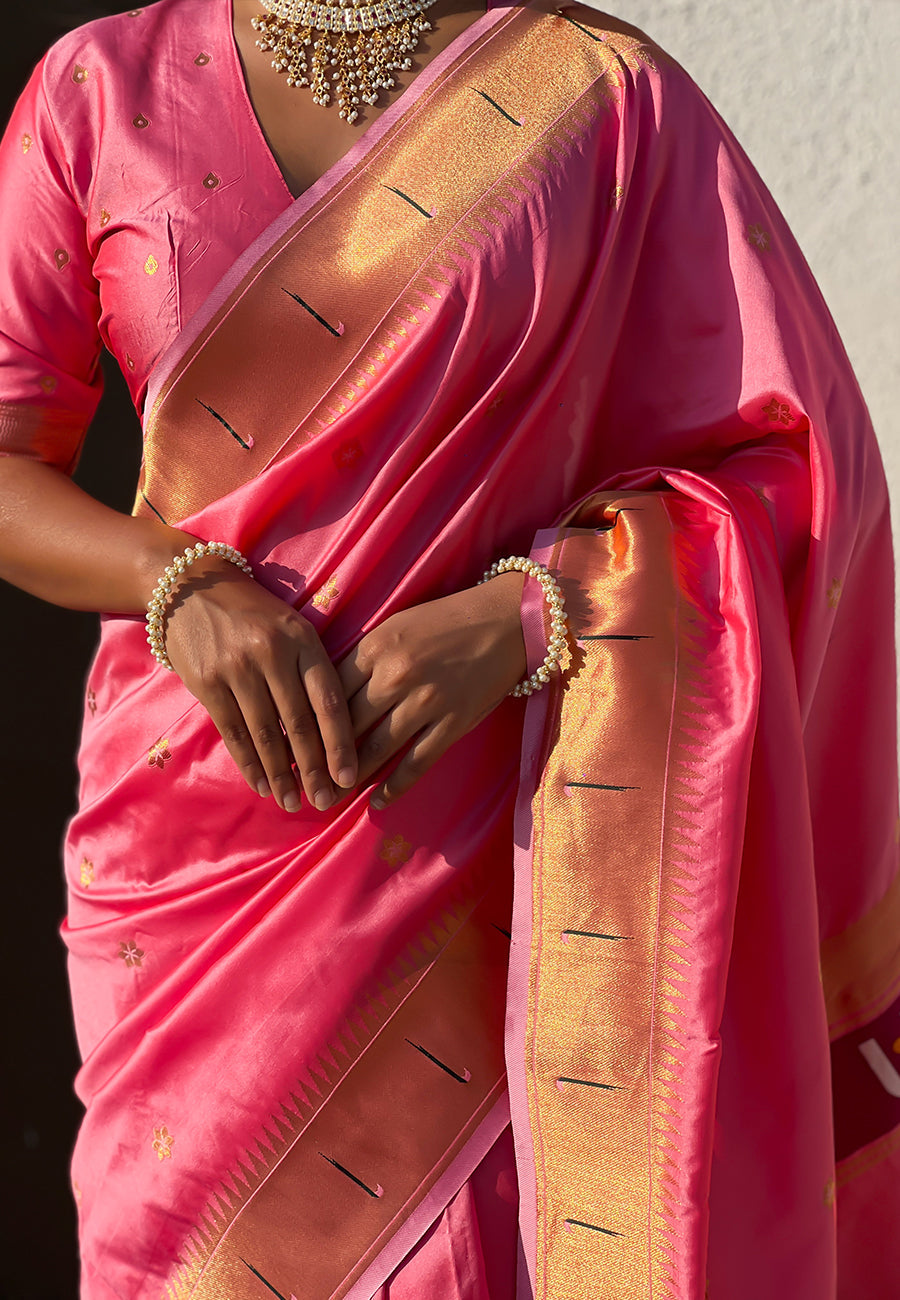 Baby pink zari woven vitthala god special traditional paithani silk saree
