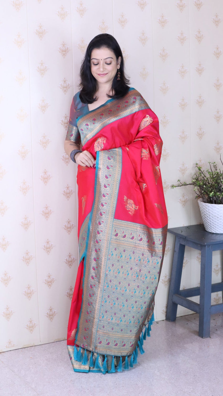 Pink soft silk banarasi peacock zari woven saree