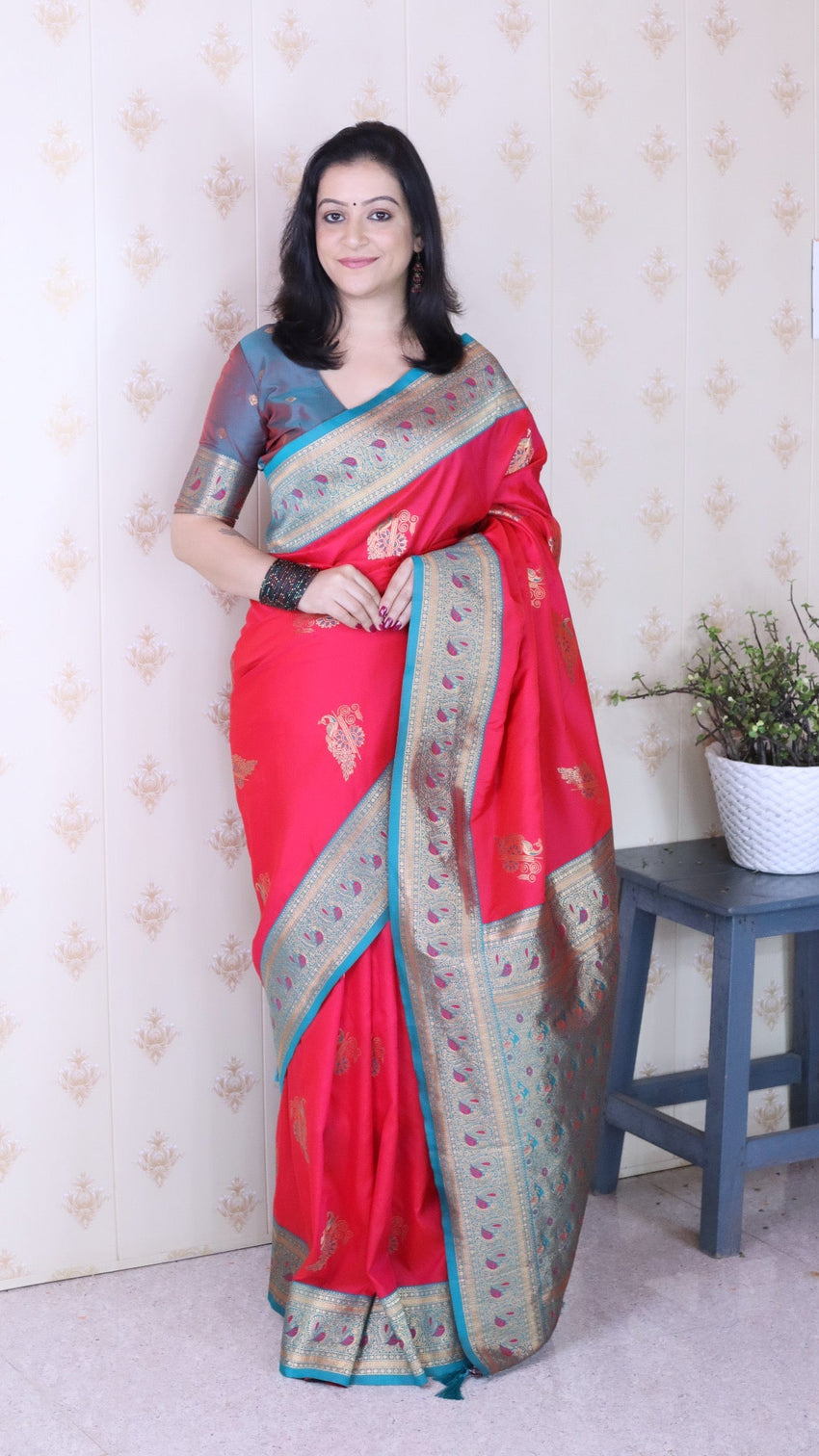 Pink soft silk banarasi peacock zari woven saree