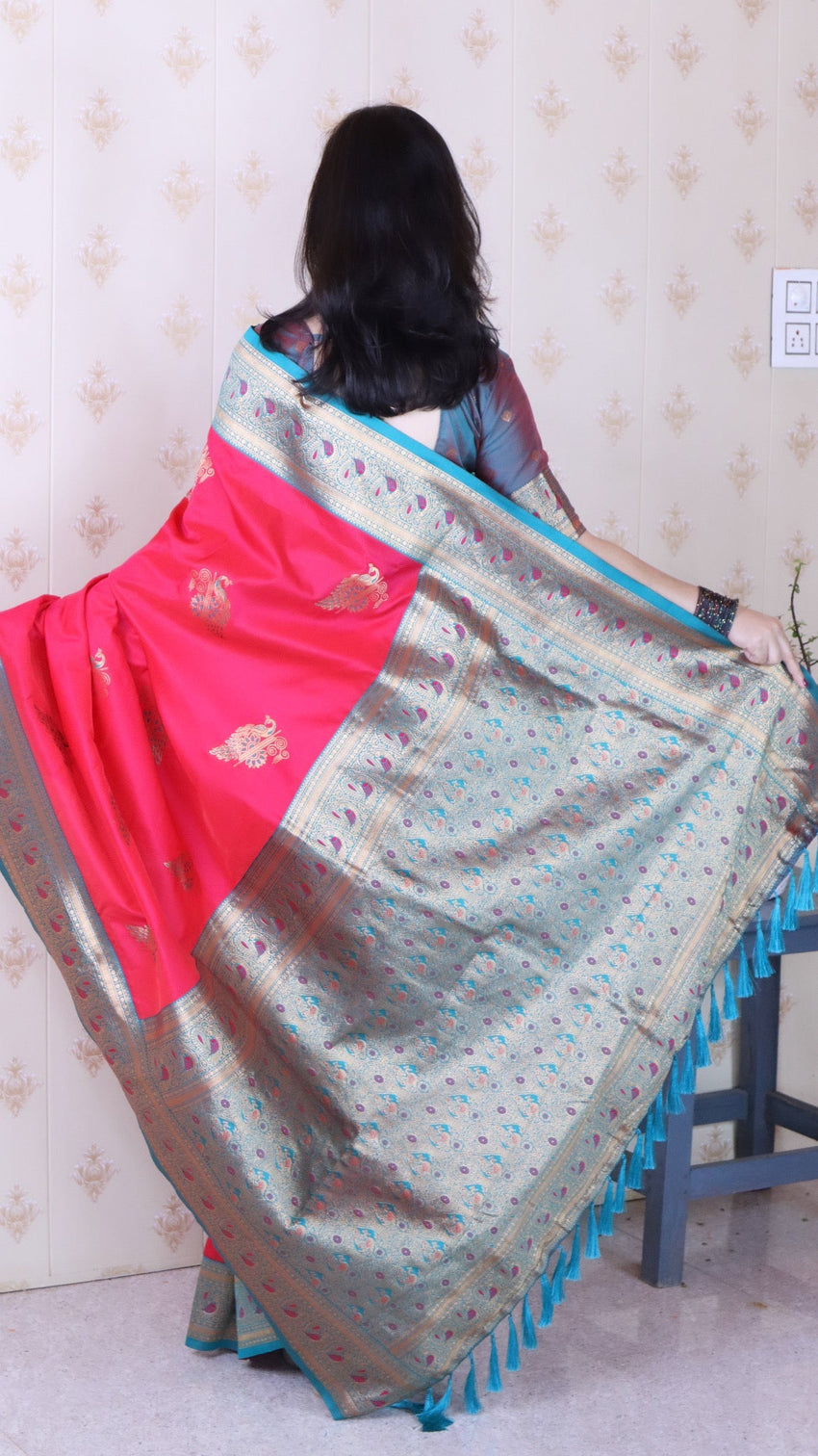 Pink soft silk banarasi peacock zari woven saree