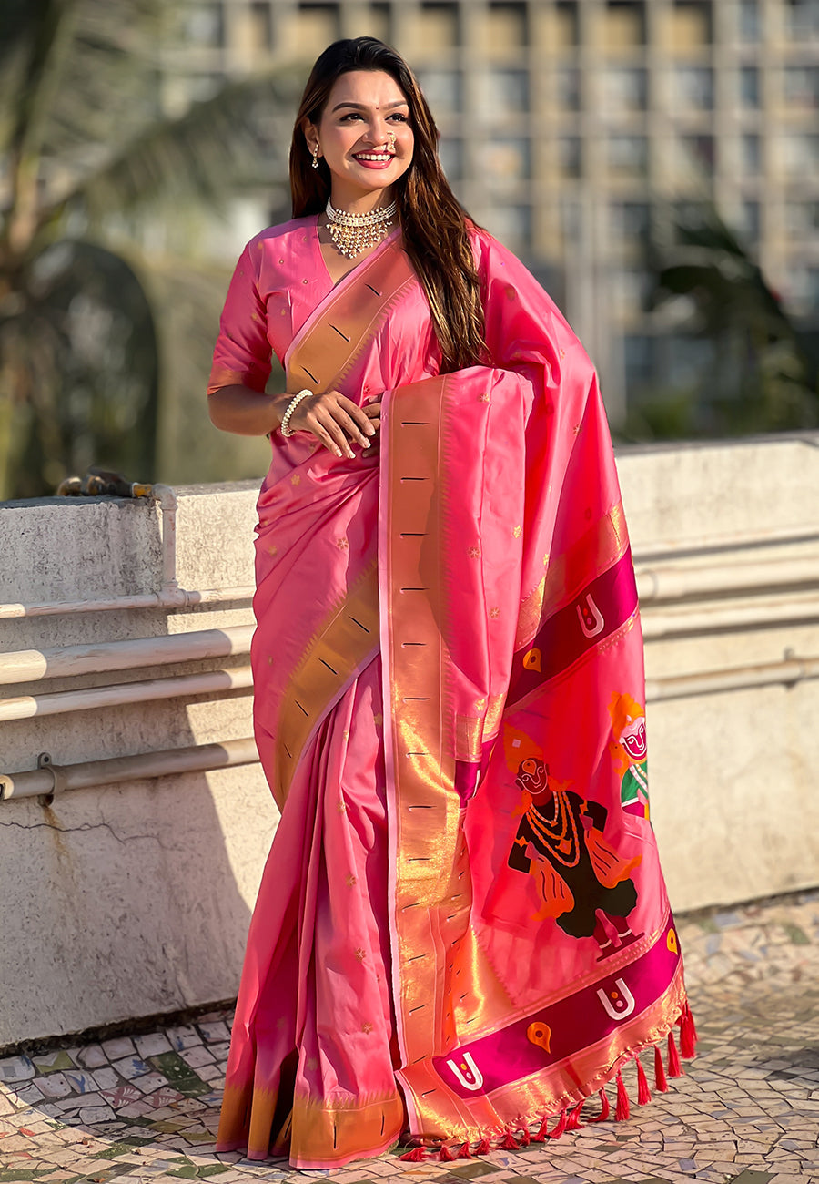 Baby pink zari woven vitthala god special traditional paithani silk saree