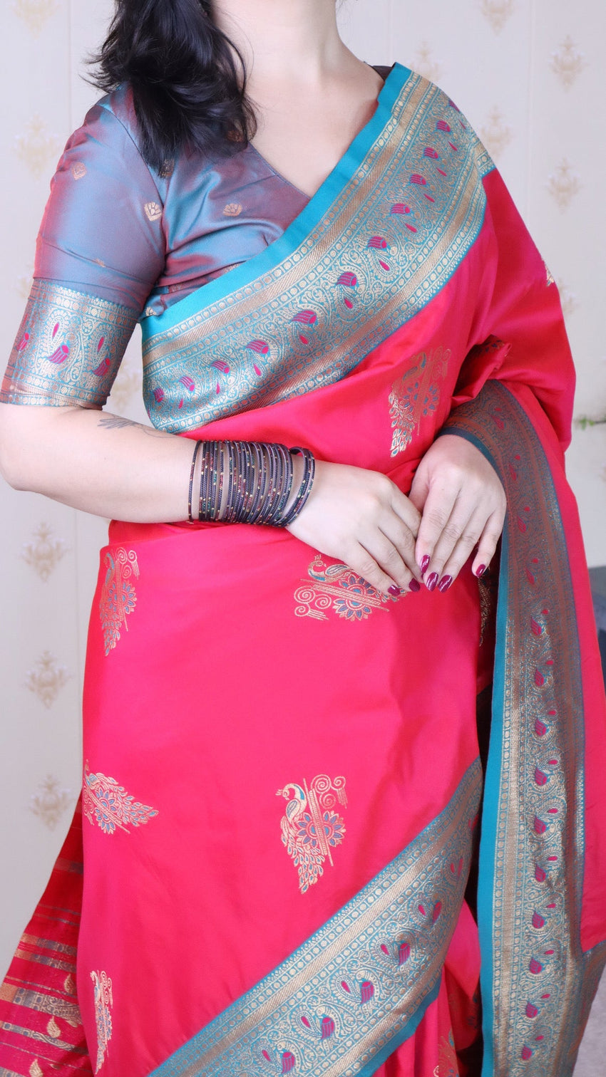 Pink soft silk banarasi peacock zari woven saree