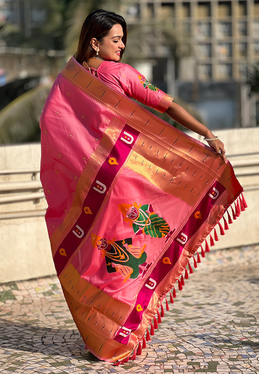 Baby pink zari woven vitthala god special traditional paithani silk saree