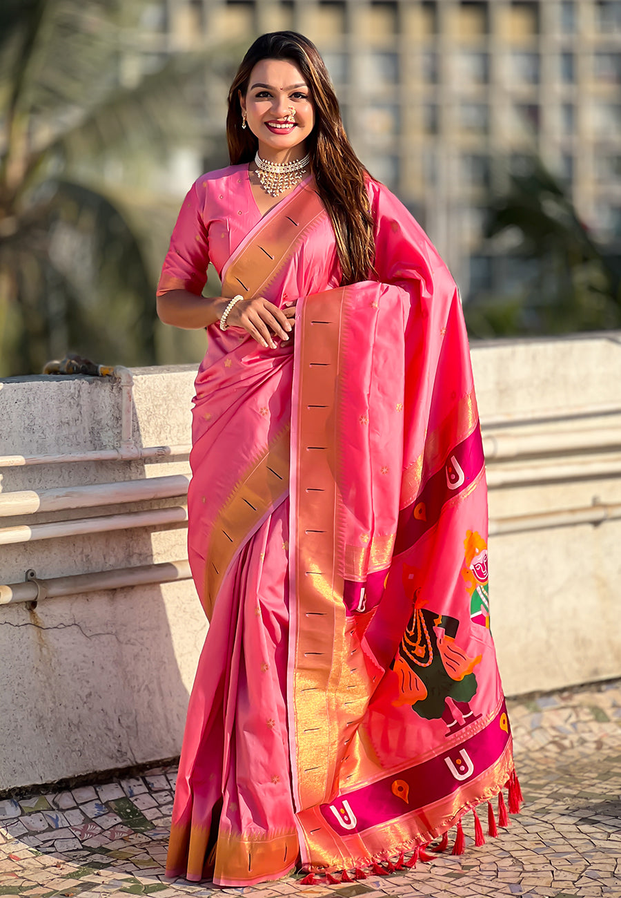 Baby pink zari woven vitthala god special traditional paithani silk saree