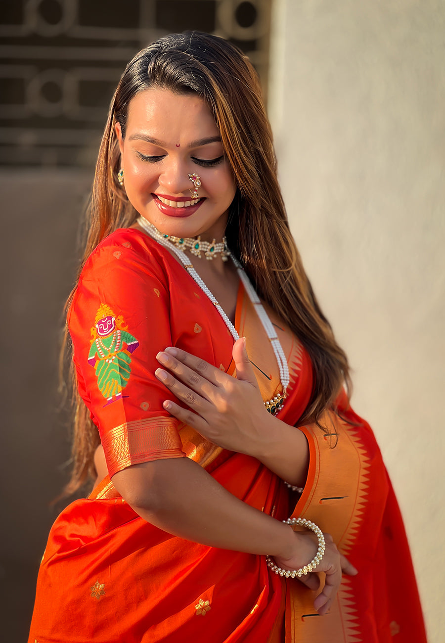 Orange zari woven vitthala god special traditional paithani silk saree