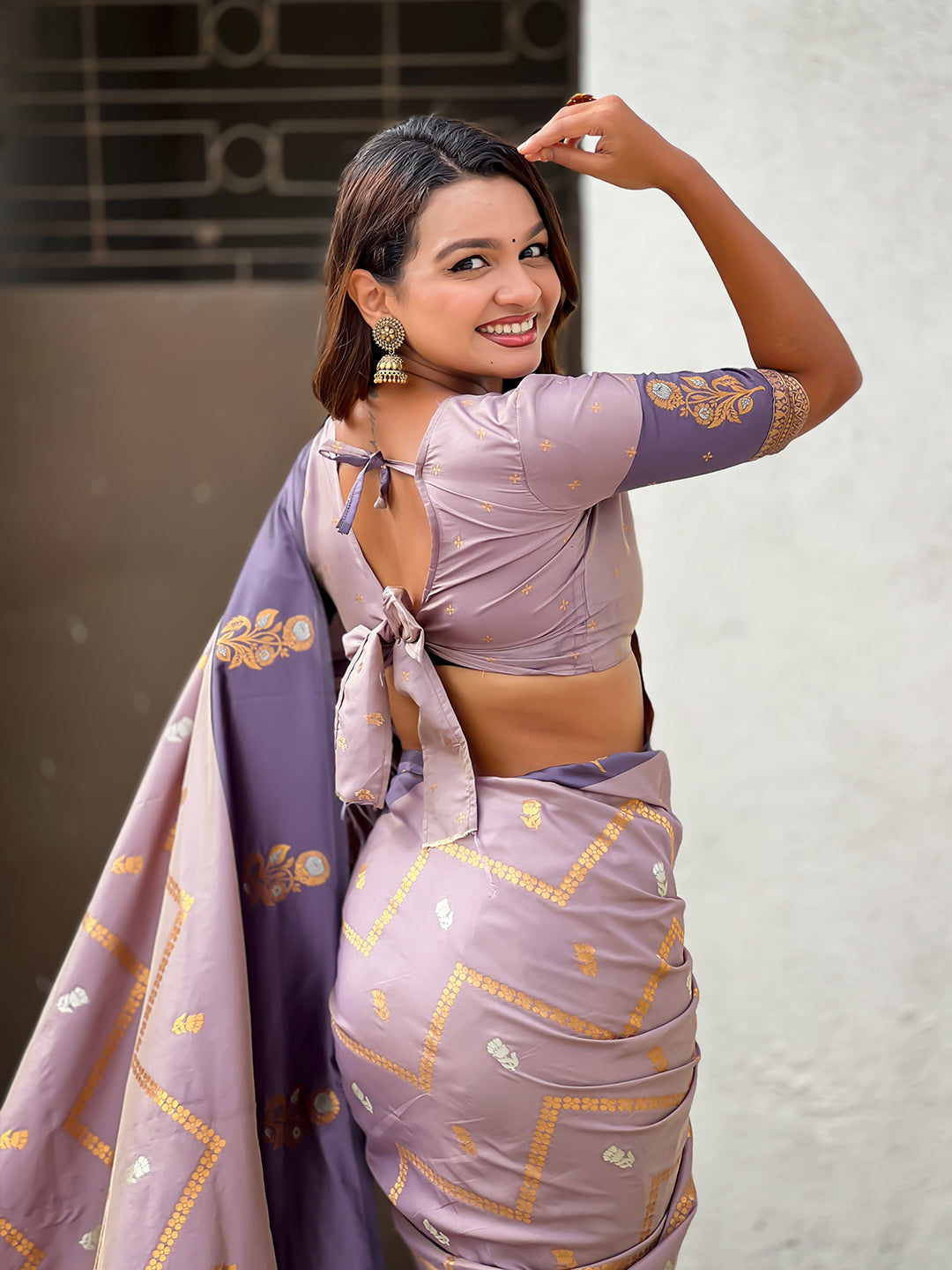 Lavender soft silk dusty concept zig zag zari woven saree