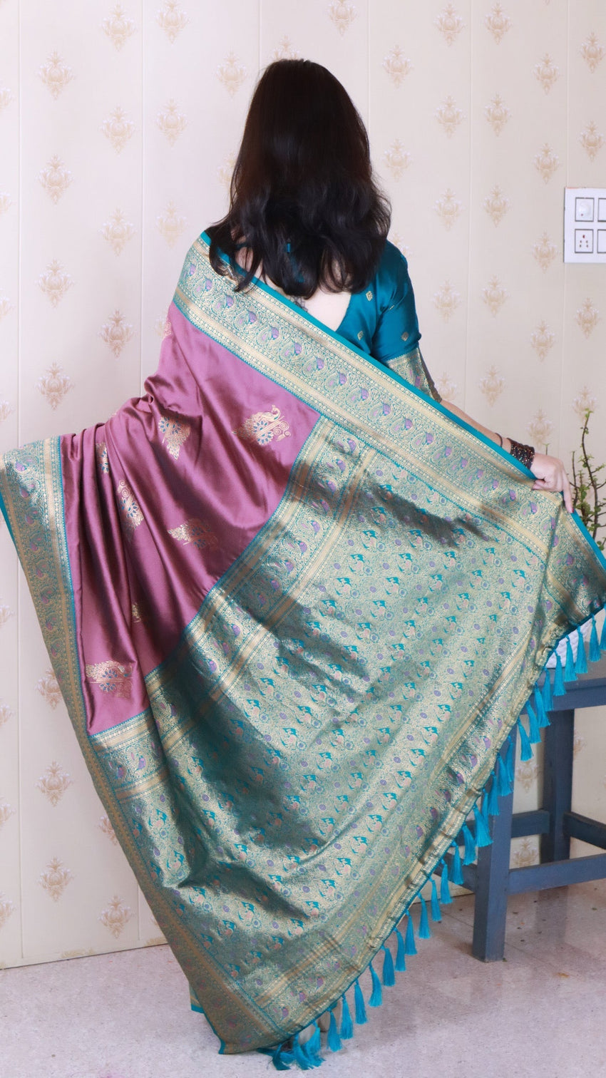 Coral pink soft silk banarasi peacock zari woven saree