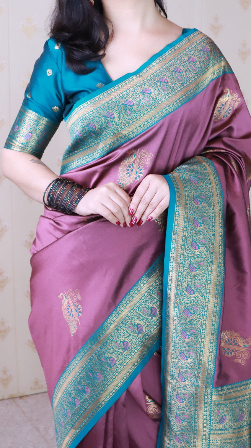 Coral pink soft silk banarasi peacock zari woven saree