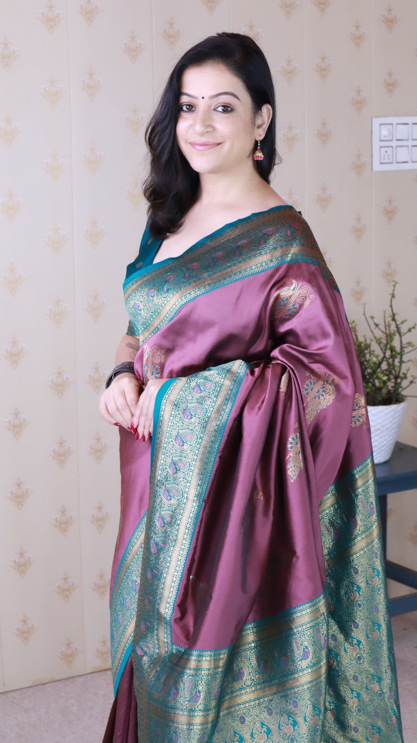 Coral pink soft silk banarasi peacock zari woven saree