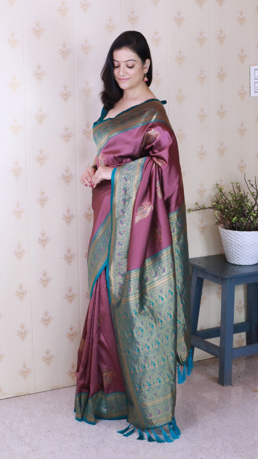 Coral pink soft silk banarasi peacock zari woven saree