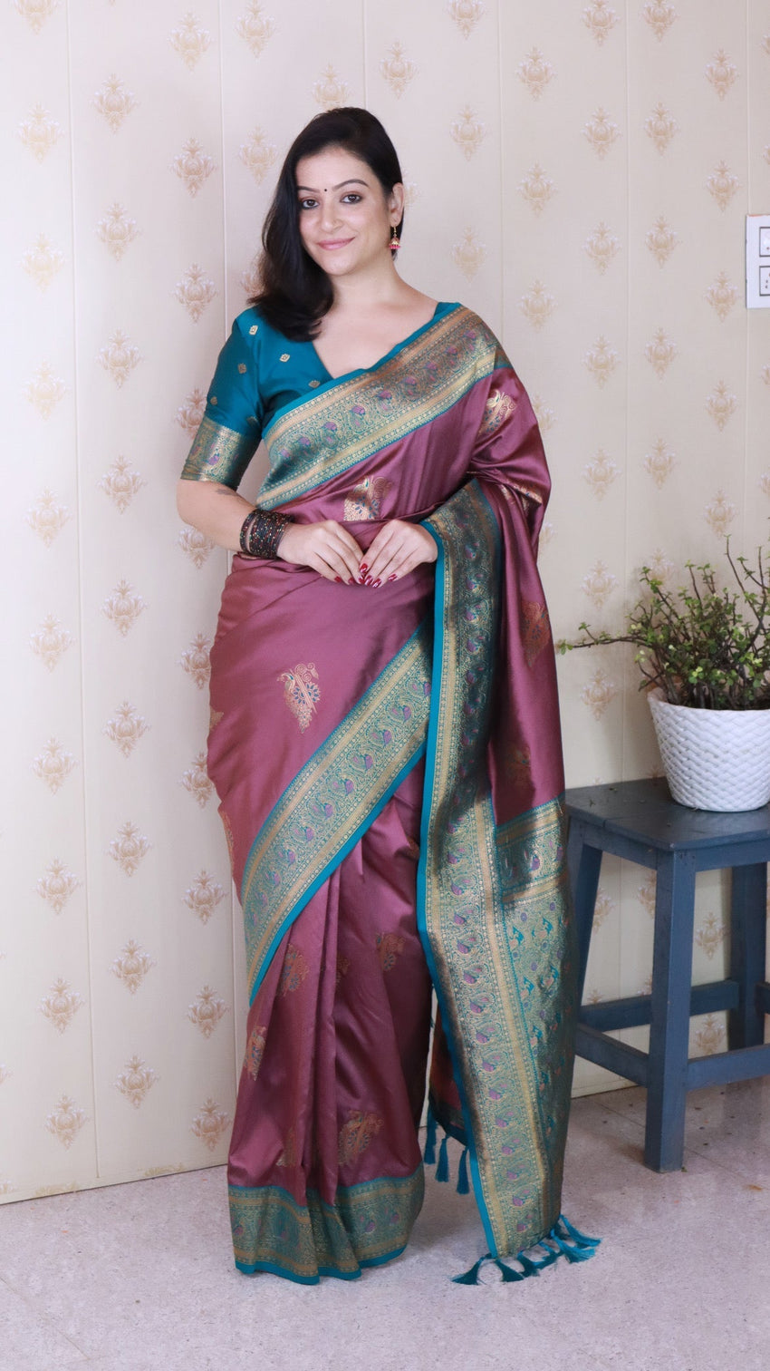 Coral pink soft silk banarasi peacock zari woven saree