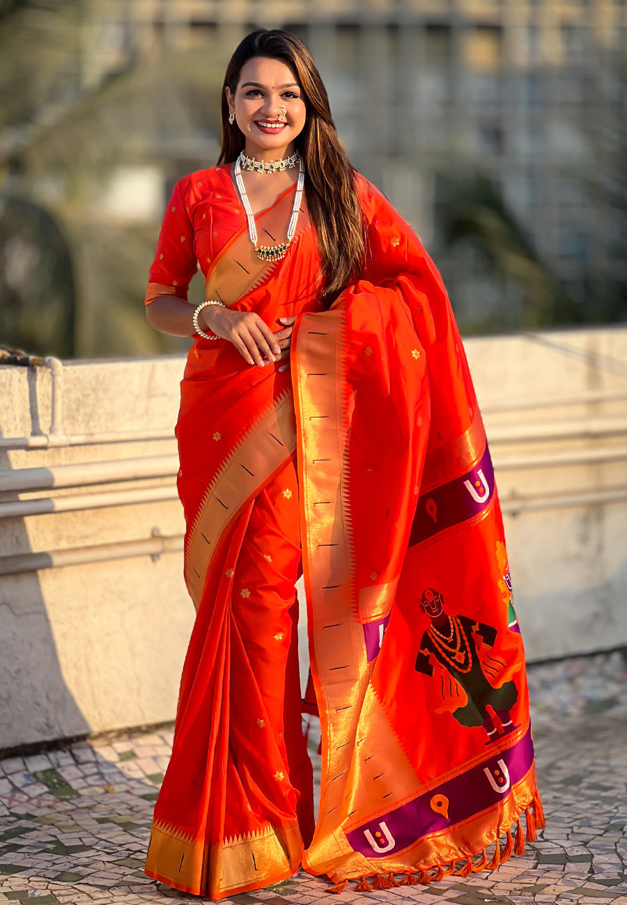 Orange zari woven vitthala god special traditional paithani silk saree