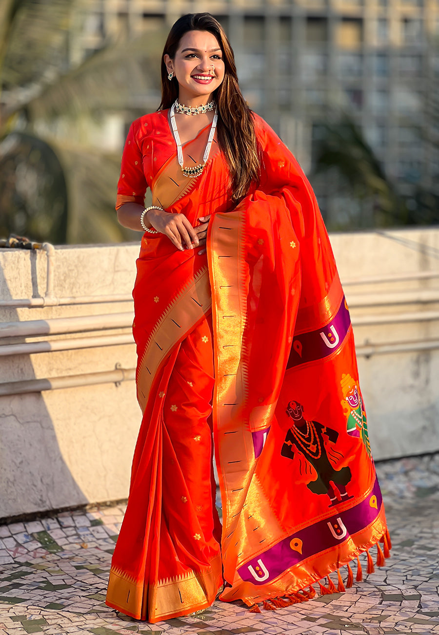 Orange zari woven vitthala god special traditional paithani silk saree