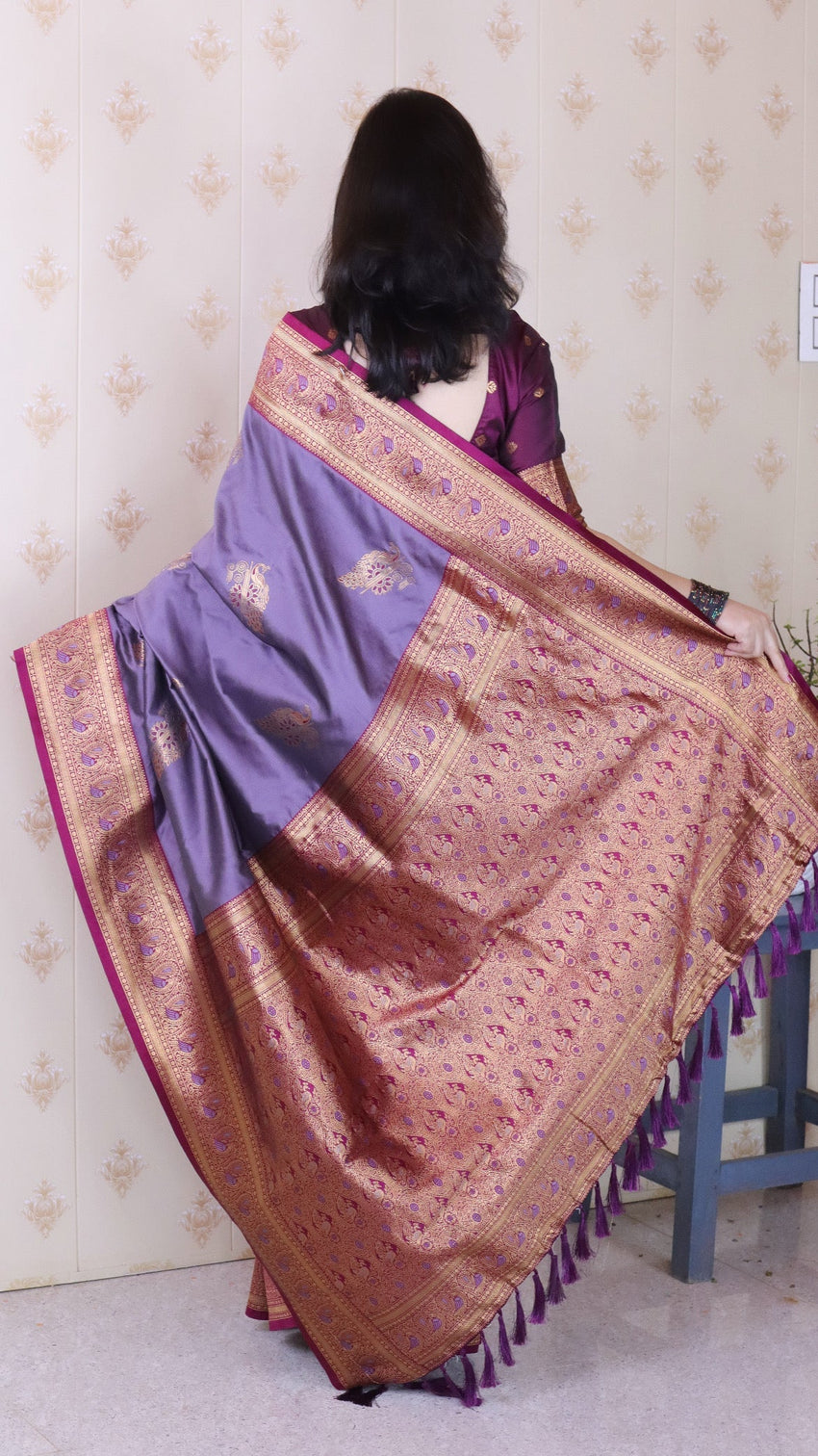 Lavender soft silk banarasi peacock zari woven saree