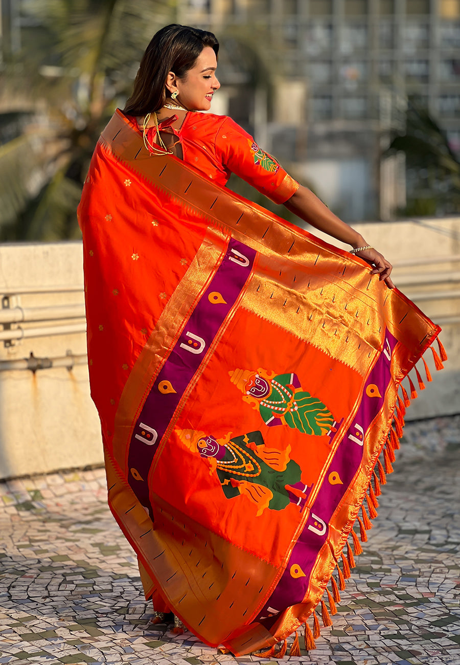 Orange zari woven vitthala god special traditional paithani silk saree