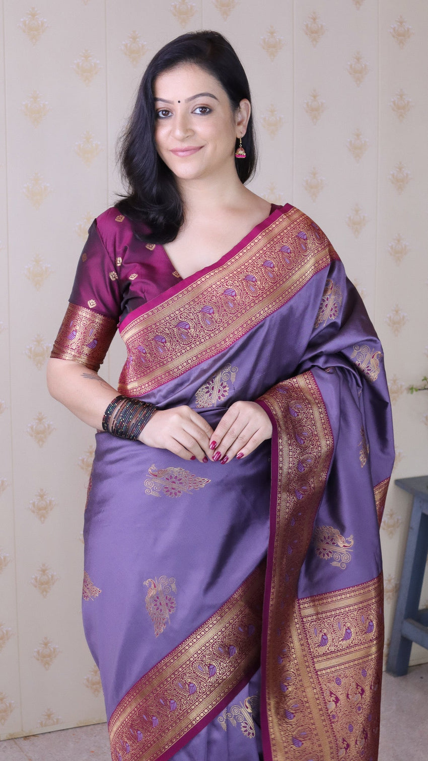 Lavender soft silk banarasi peacock zari woven saree