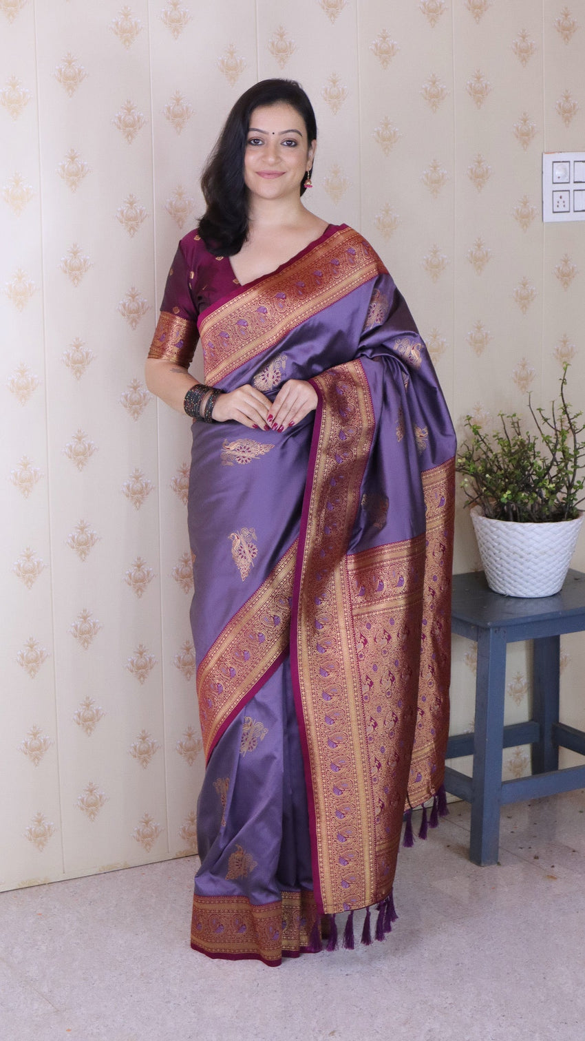 Lavender soft silk banarasi peacock zari woven saree