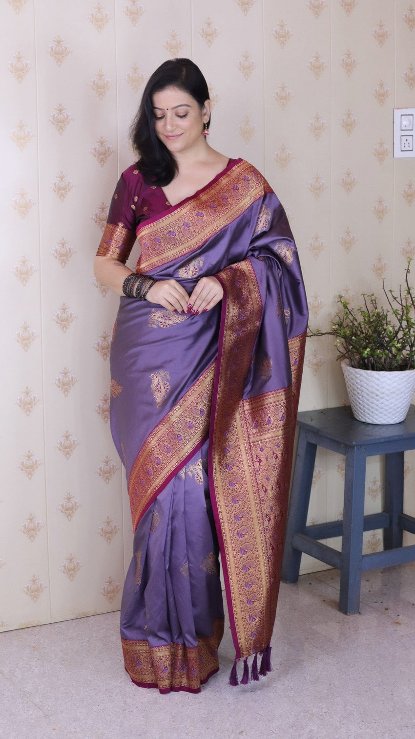 Lavender soft silk banarasi peacock zari woven saree