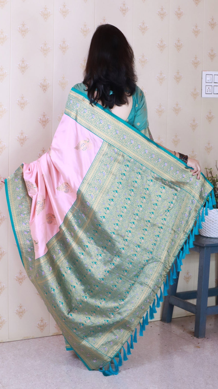 Baby pink soft silk banarasi peacock zari woven saree