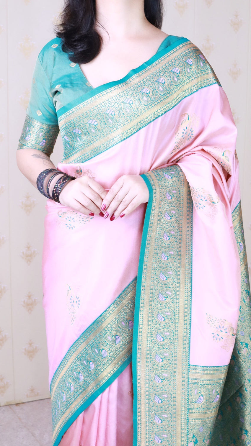 Baby pink soft silk banarasi peacock zari woven saree