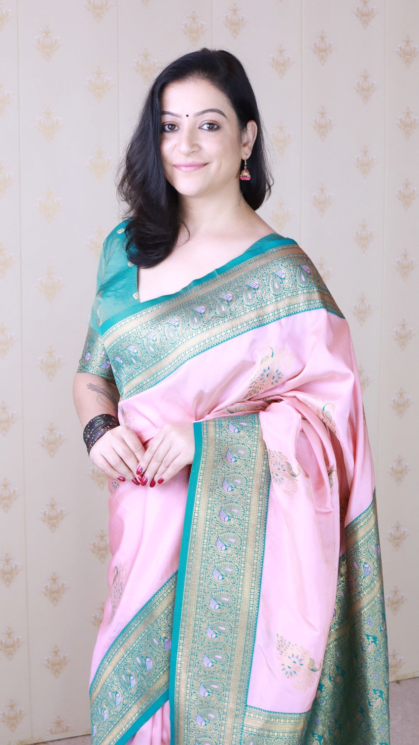 Baby pink soft silk banarasi peacock zari woven saree