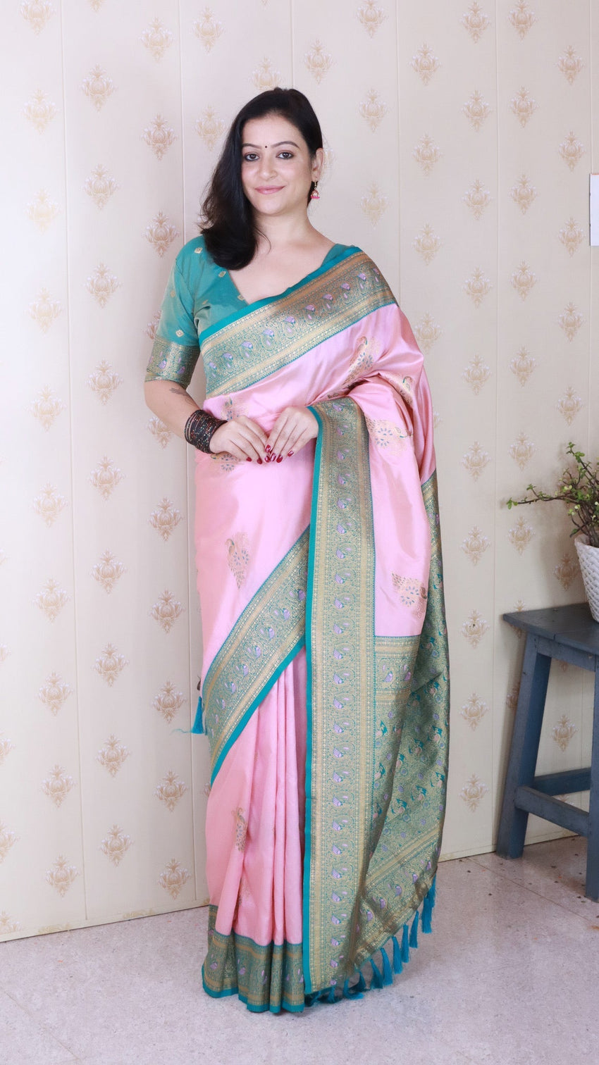 Baby pink soft silk banarasi peacock zari woven saree