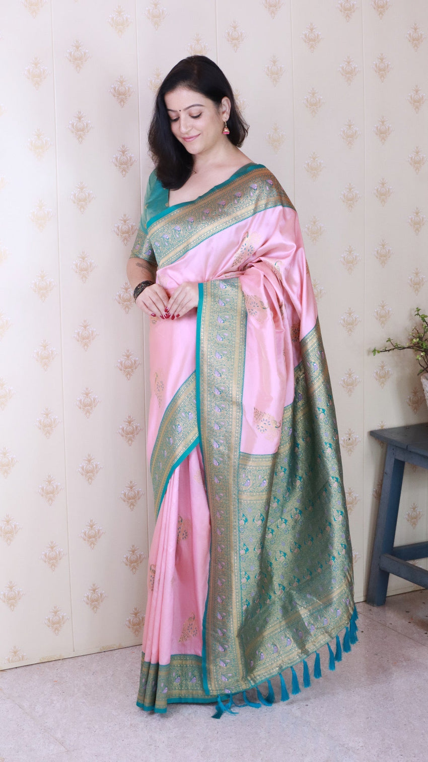 Baby pink soft silk banarasi peacock zari woven saree