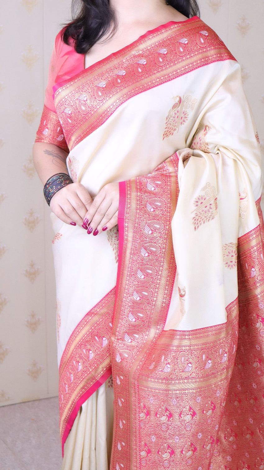 Cream soft silk banarasi peacock zari woven saree