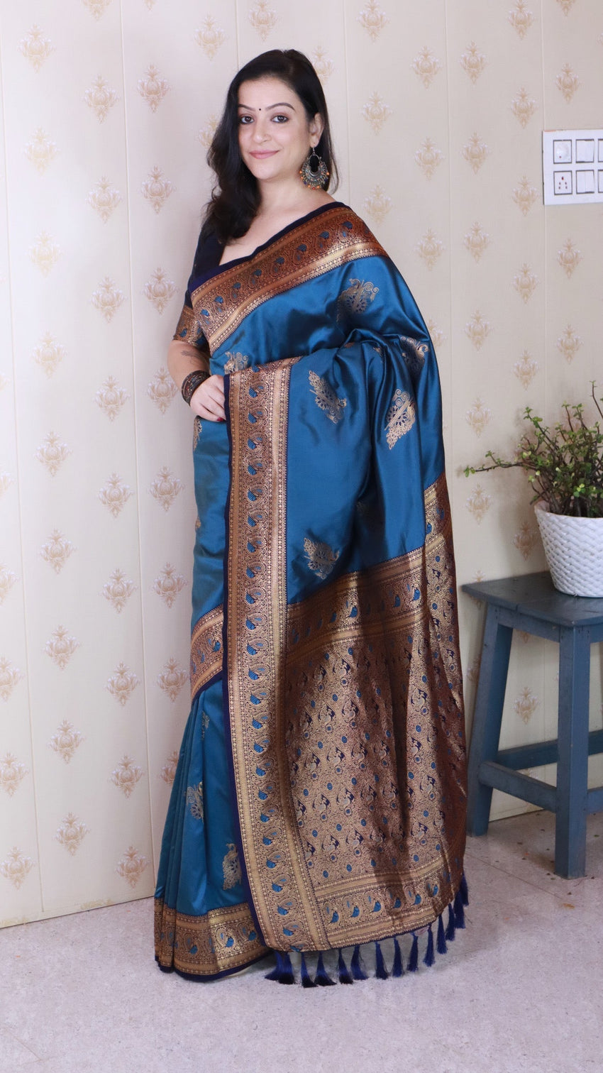 Metallic blue soft silk banarasi peacock zari woven saree