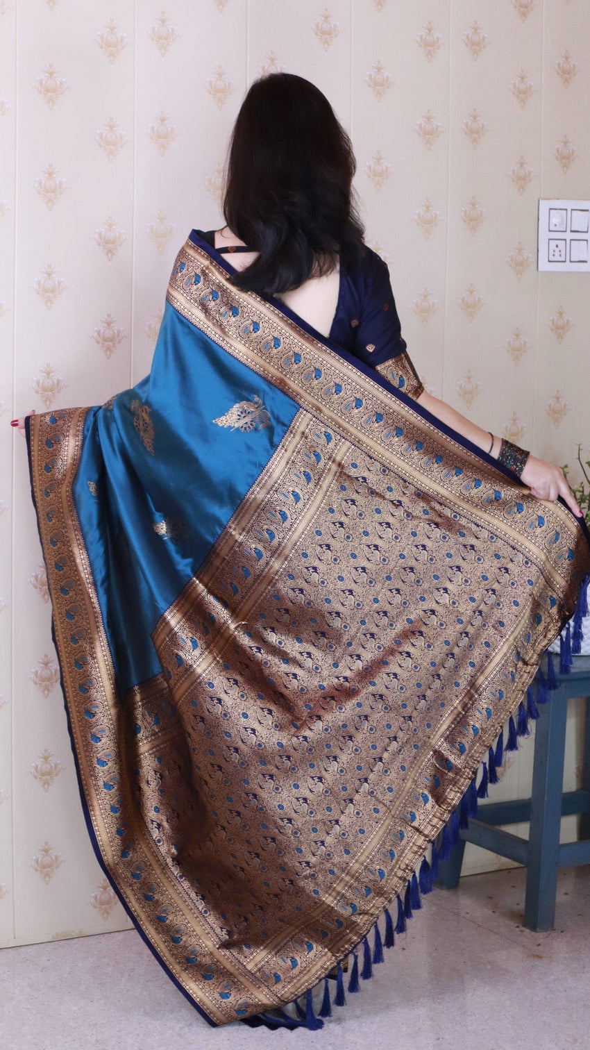 Metallic blue soft silk banarasi peacock zari woven saree