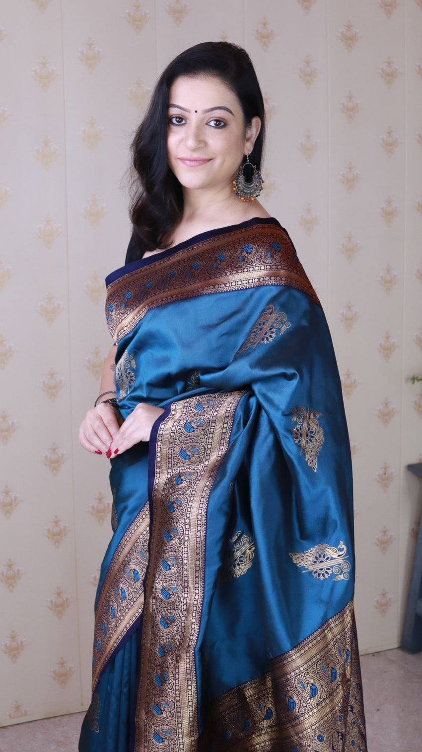 Metallic blue soft silk banarasi peacock zari woven saree