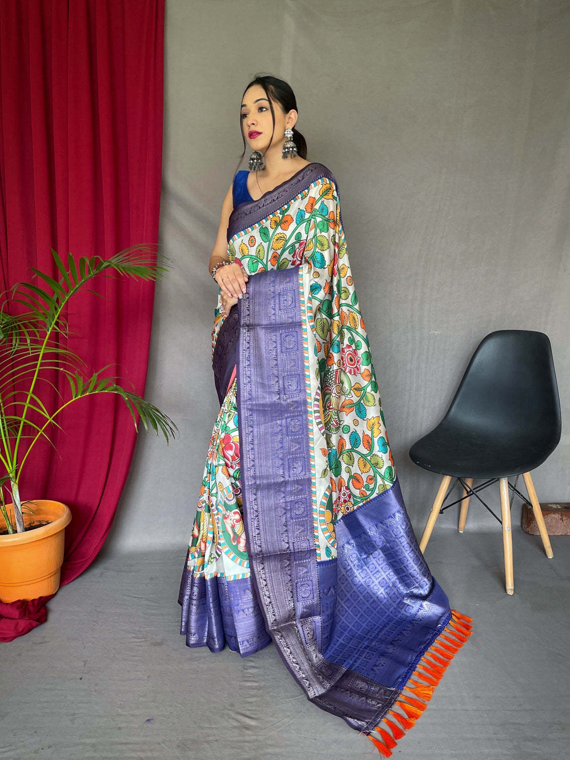 White Blue Saree in Kalamkari Print
