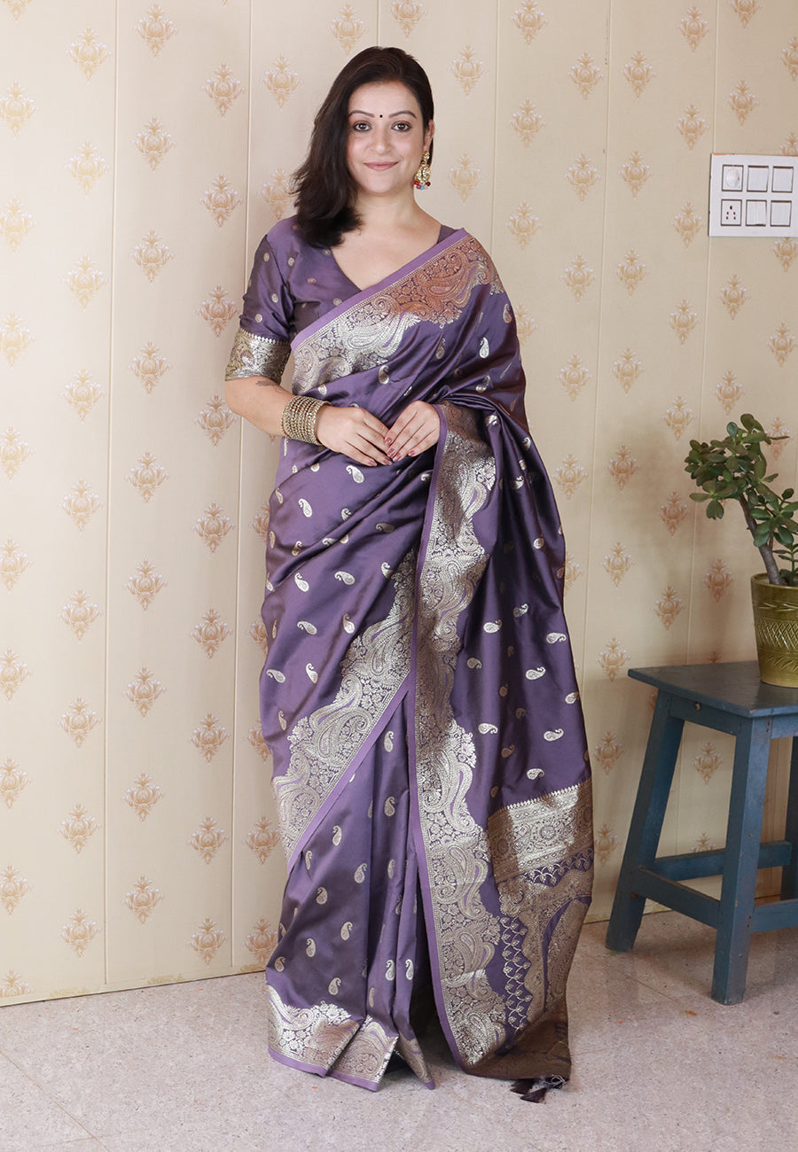 Lavender banarasi soft silk silver zari woven saree