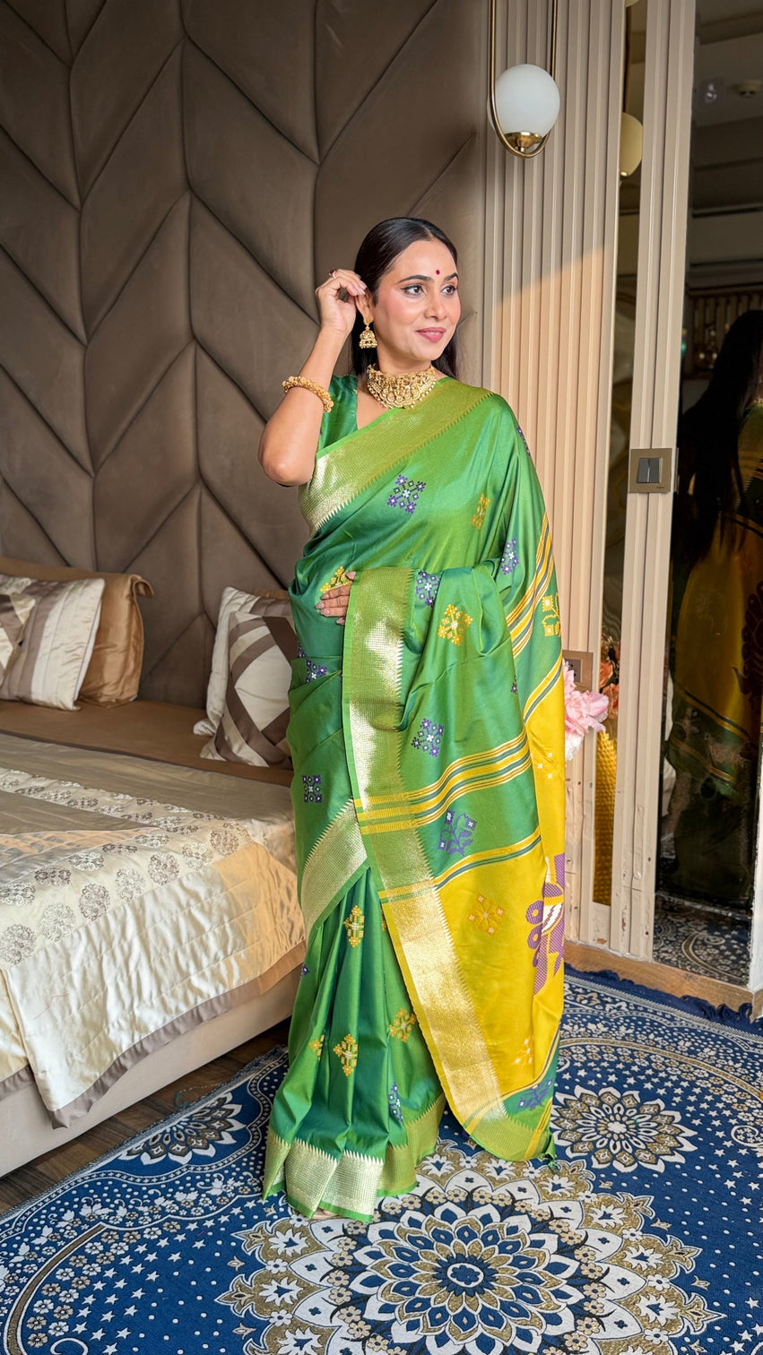 Mehendi soft silk ikkat patola saree with meenakari motifs peacock pallu and gold zari border