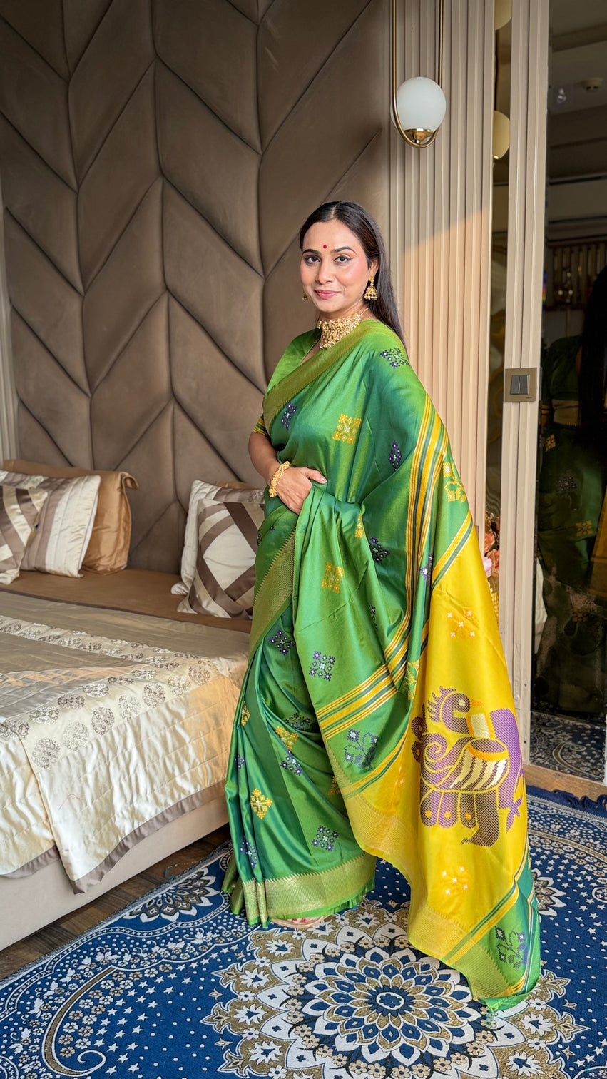 Mehendi soft silk ikkat patola saree with meenakari motifs peacock pallu and gold zari border