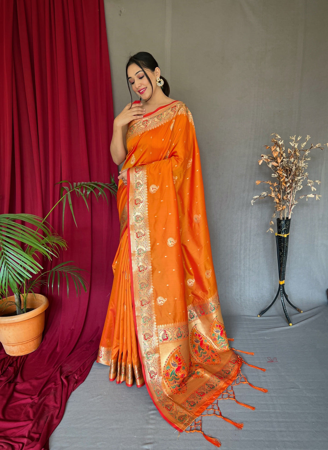 Mustard Saree in Paithani Silk Peacock Zari Woven