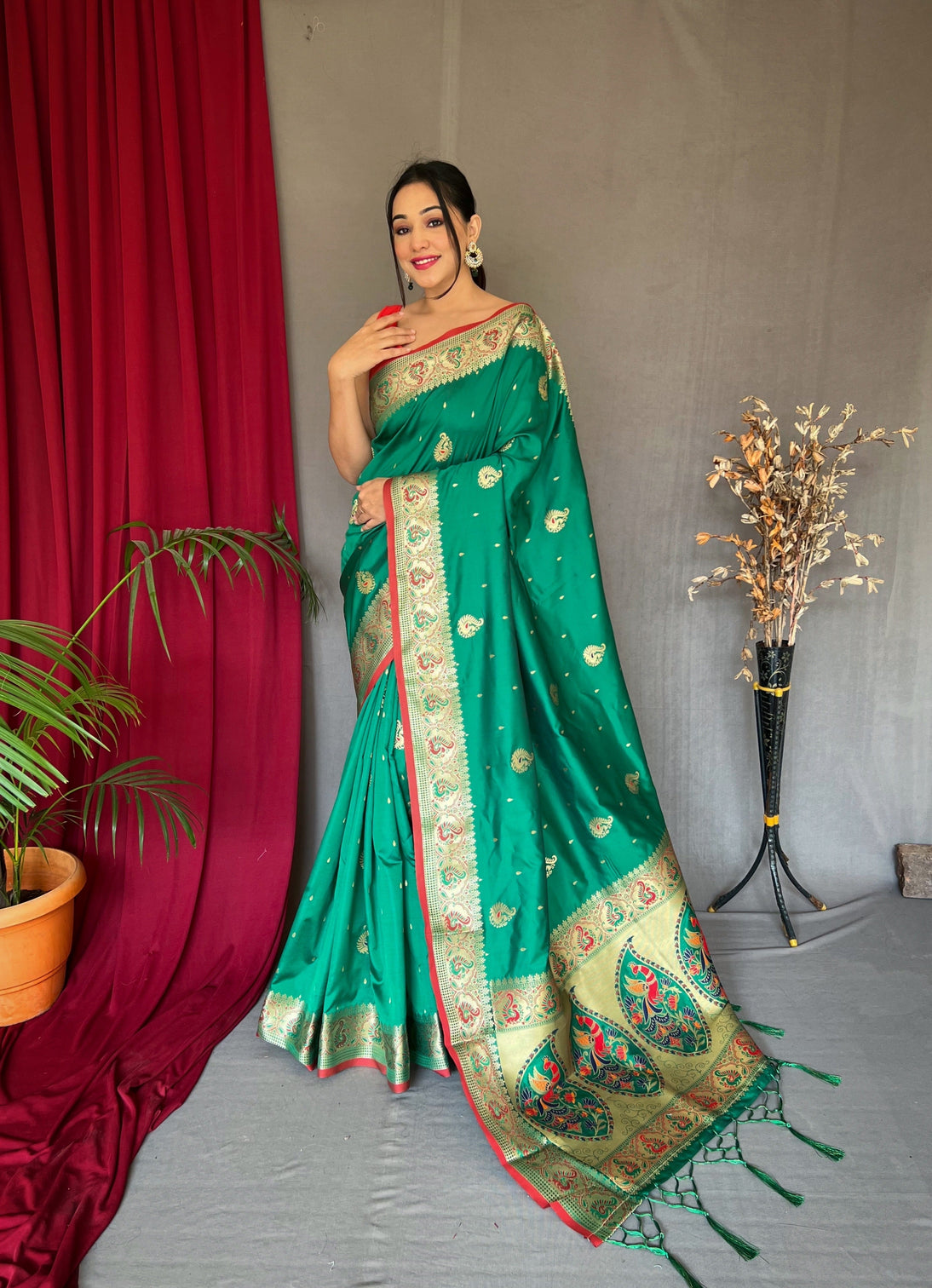 Surfie Green Saree in Paithani Silk Meenakari Peacock Zari Woven