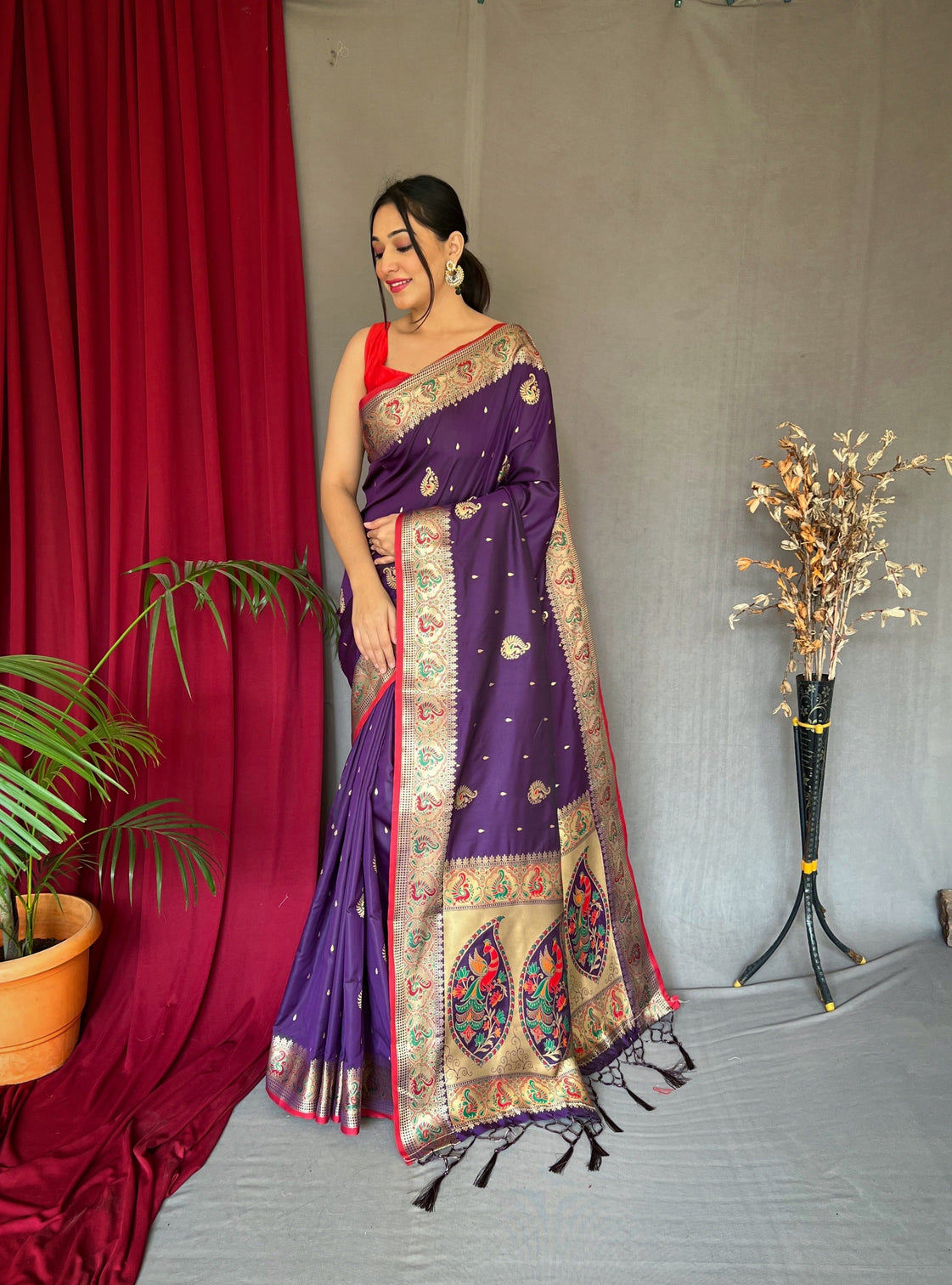 Purple Saree in Paithani Silk Peacock Zari Woven