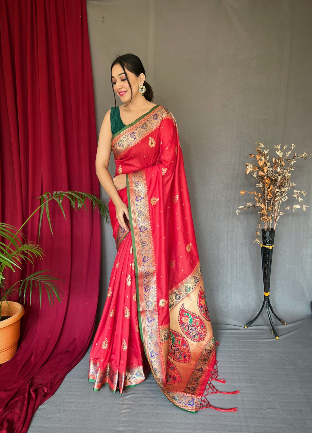 Red Saree in Paithani Silk Peacock Zari Woven