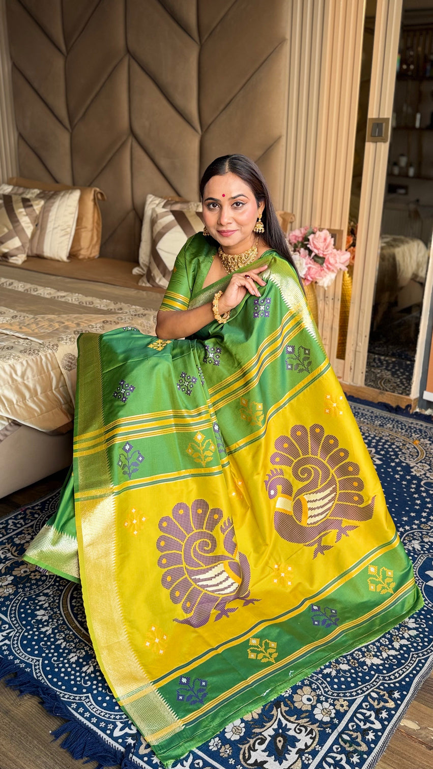 Mehendi soft silk ikkat patola saree with meenakari motifs peacock pallu and gold zari border