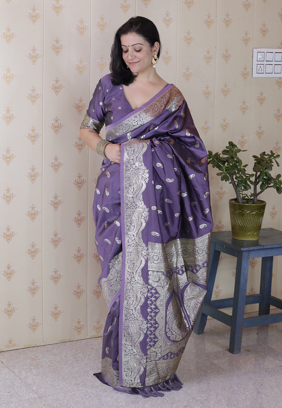 Lavender banarasi soft silk silver zari woven saree