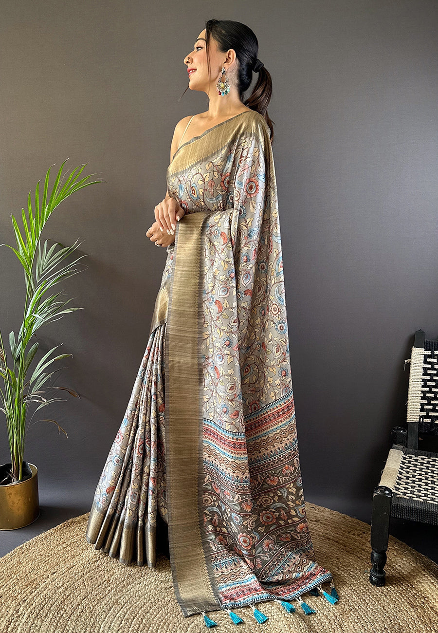 Grey assam silk kalamkari printed saree with zari woven border