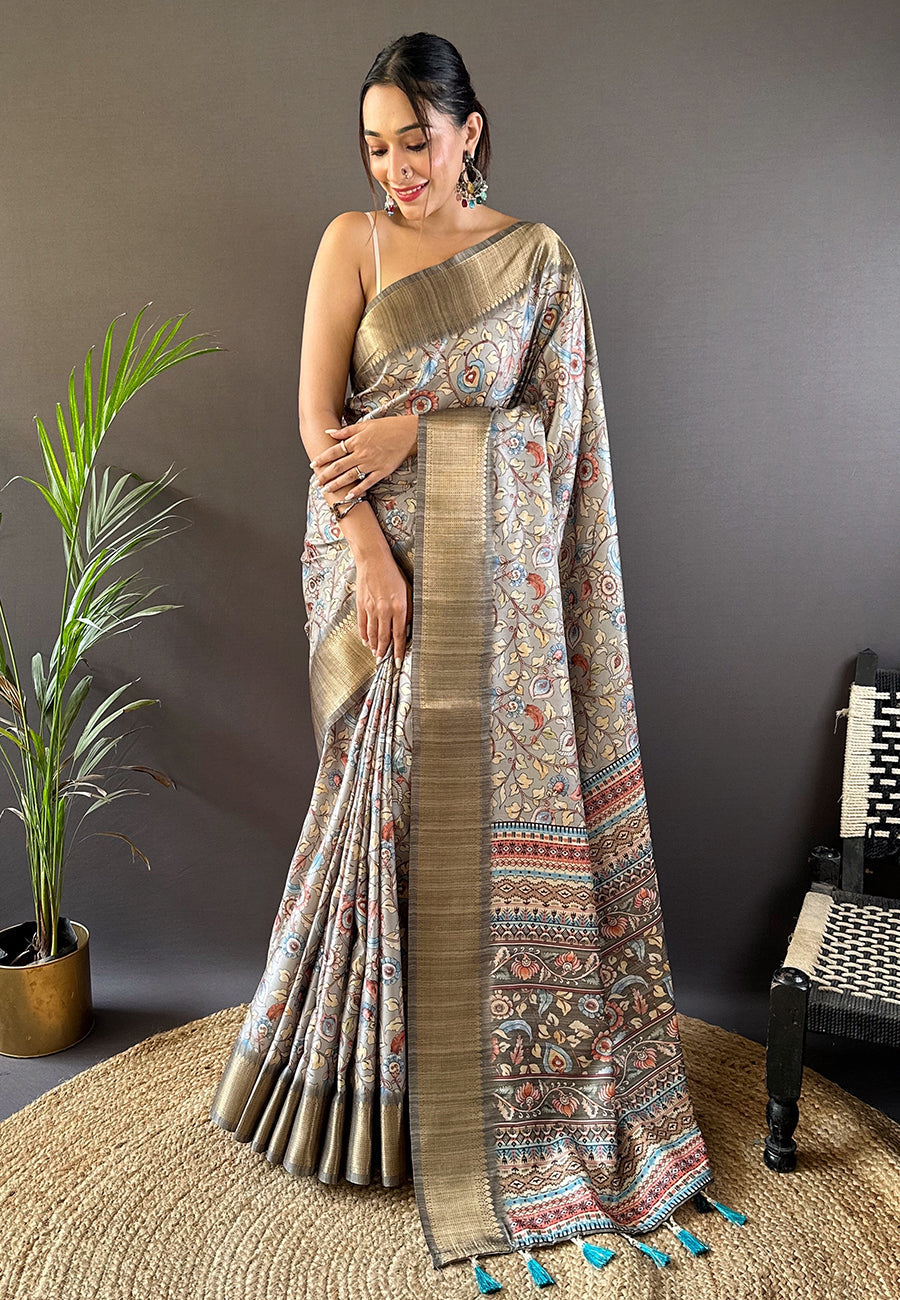 Grey assam silk kalamkari printed saree with zari woven border