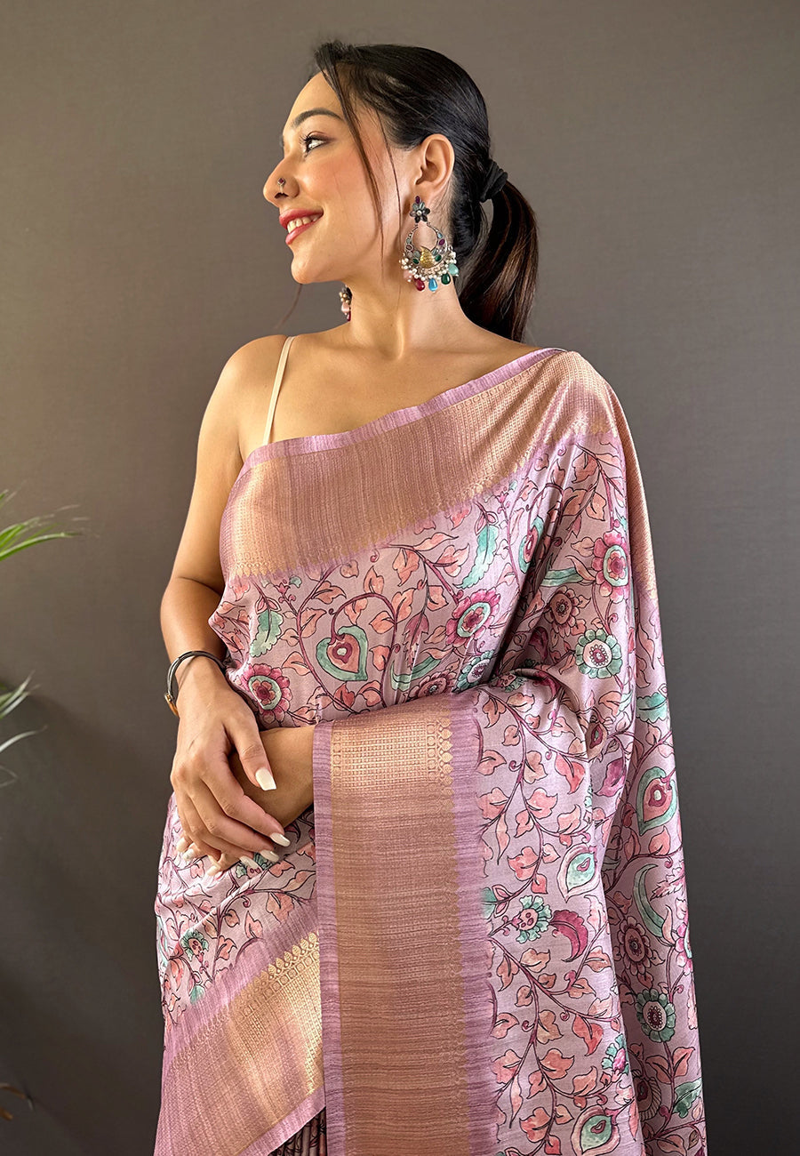 Lavender assam silk kalamkari printed saree with zari woven border