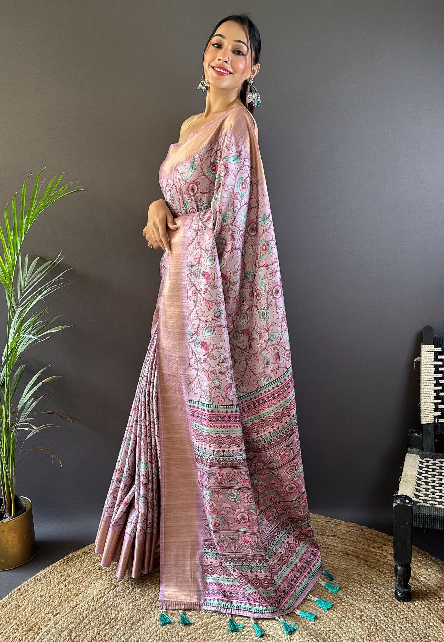 Lavender assam silk kalamkari printed saree with zari woven border