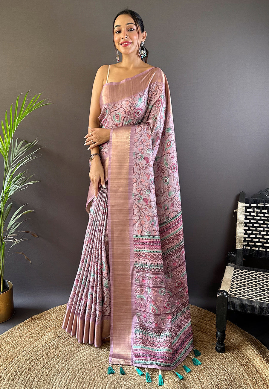 Lavender assam silk kalamkari printed saree with zari woven border