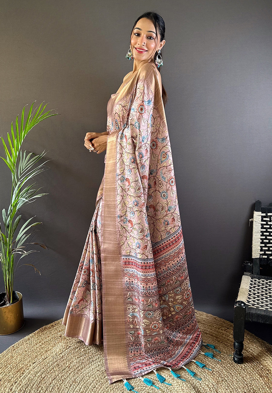 Baby pink assam silk kalamkari printed saree with zari woven border